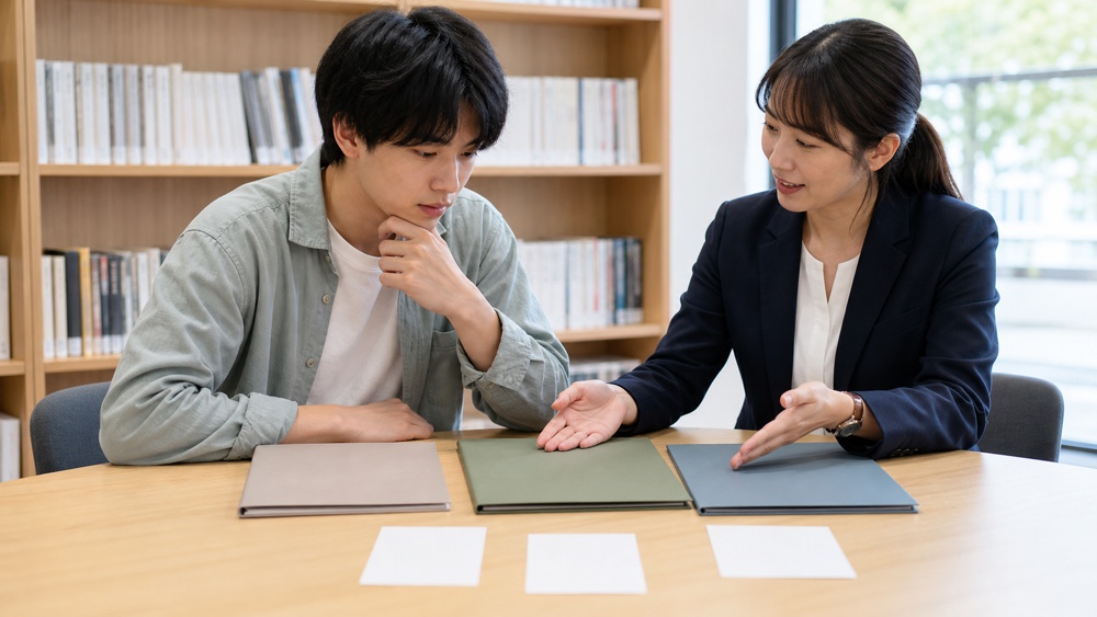 3校分の卒業制作資料を相談員と比較する学生