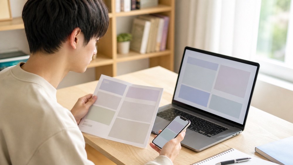 パソコンと資料で卒業制作や卒業公演の公式情報を確認する学生
