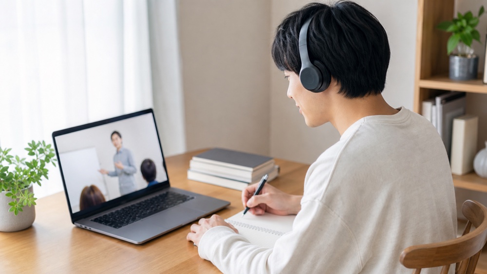 オンラインで声優専門学校のオープンキャンパスに参加する学生