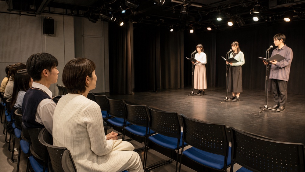 客席から声優専門学校の卒業公演を見学する高校生と保護者