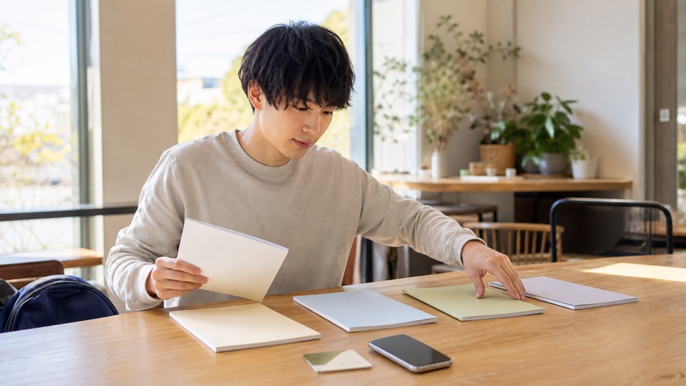 恵比寿以外も含む東京都内の声優専門学校の資料を見比べる学生