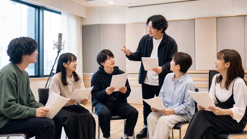 幅広い年代の受講生が一緒に演技と発声を学ぶ一般的なレッスン風景