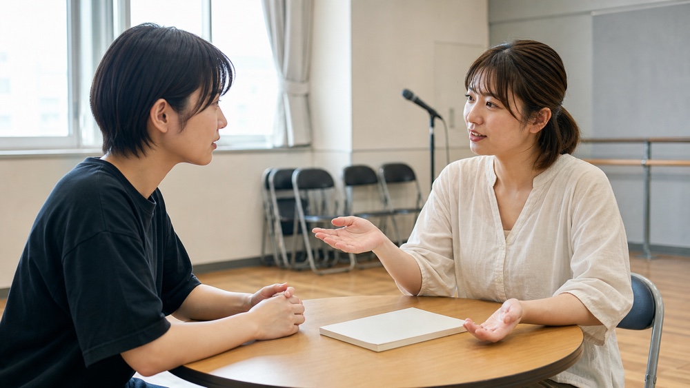 卒業制作について講師へ質問する声優専門学校の学生
