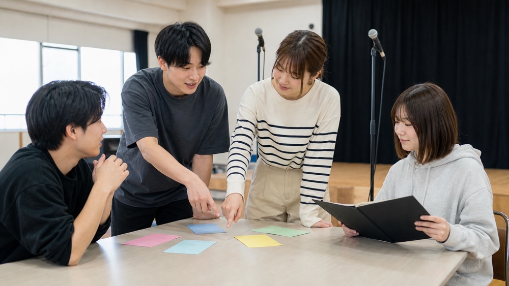 卒業制作をグループで相談しながら進める声優専門学校の学生