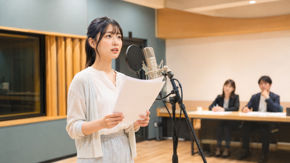 声優オーディションの審査でマイク前に立つ声優志望者