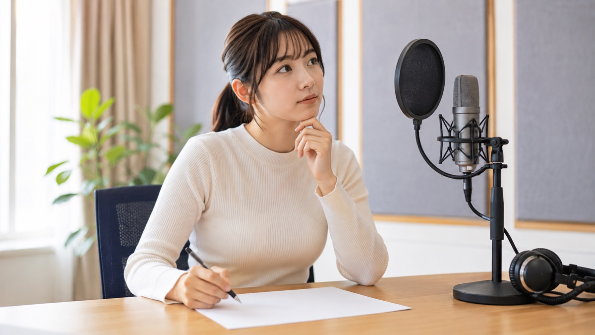声優オーディションの自己PRを考えながら応募用紙に向かう声優志望者