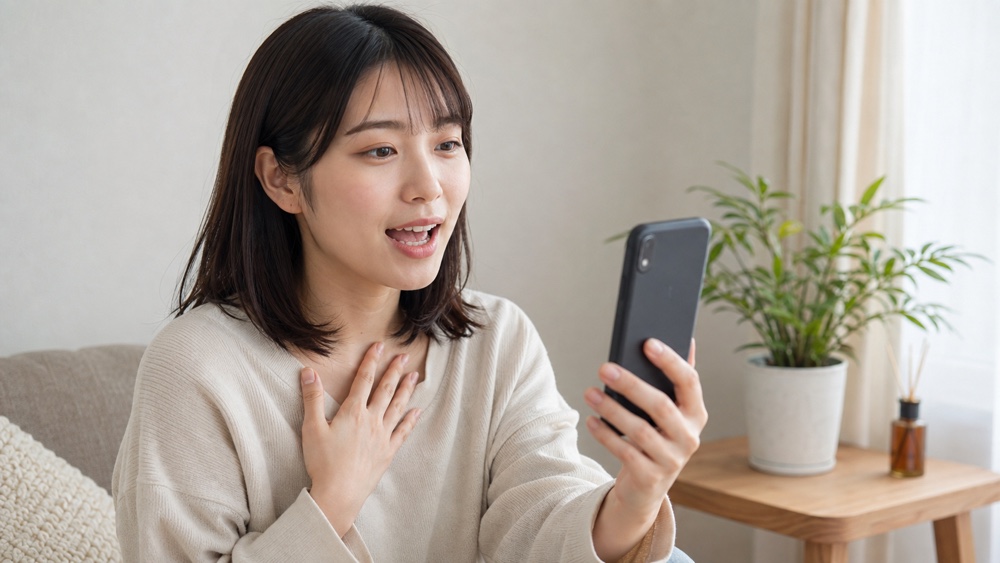 スマホに向かって短く発声練習をする女性