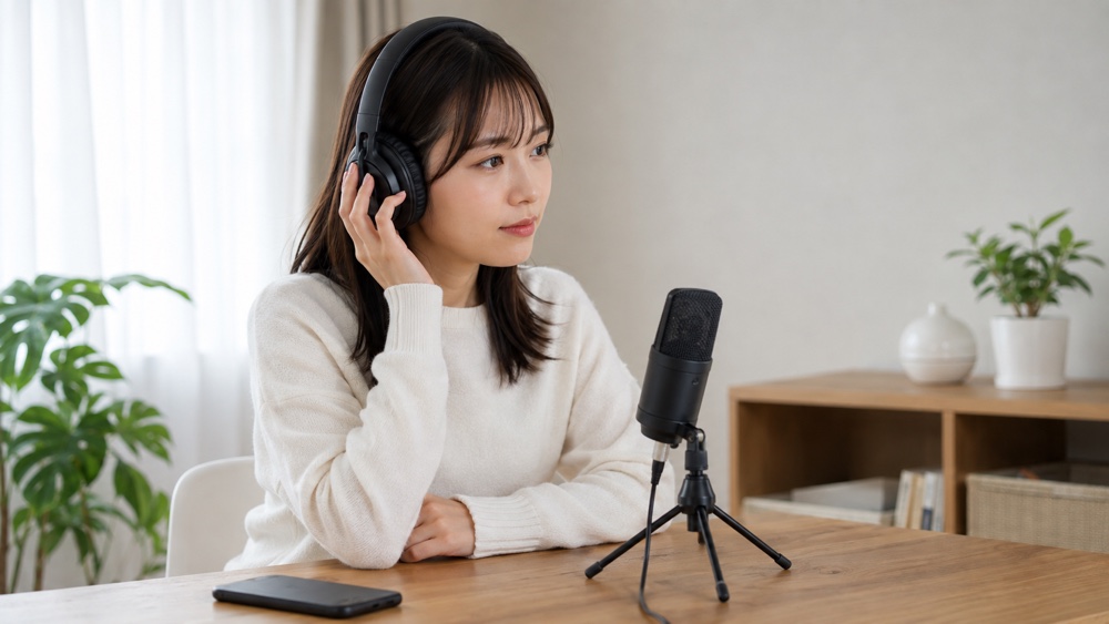 ヘッドホンで自分の話し声を聞き分ける女性