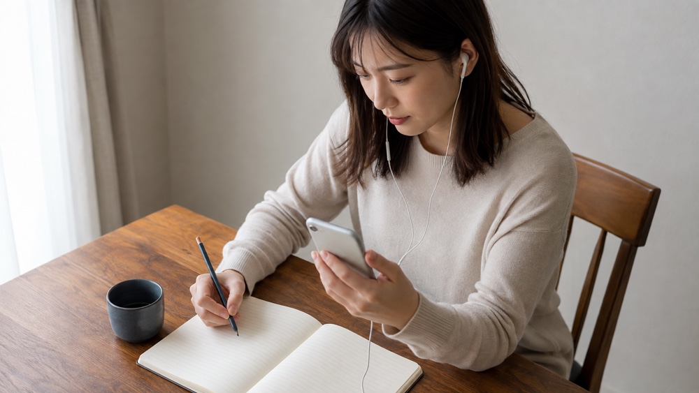 録音を聞き返しながらノートに採点する女性