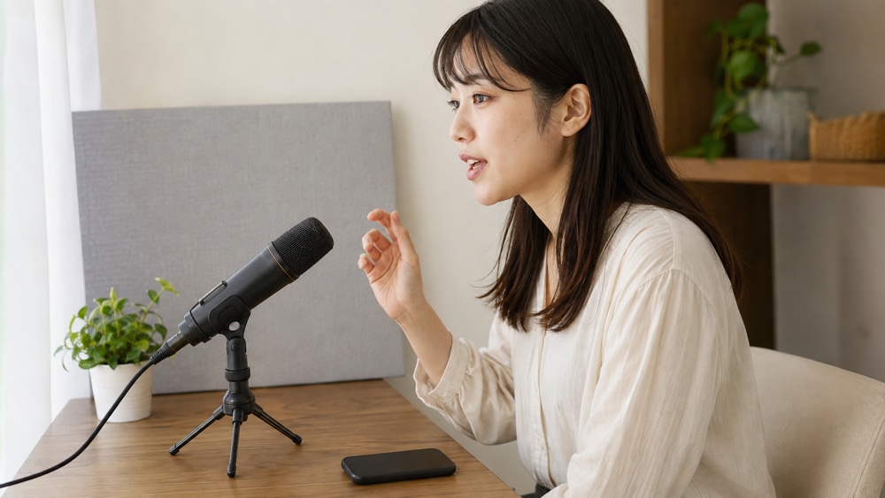マイク前で同じセリフの話し方を比べる女性