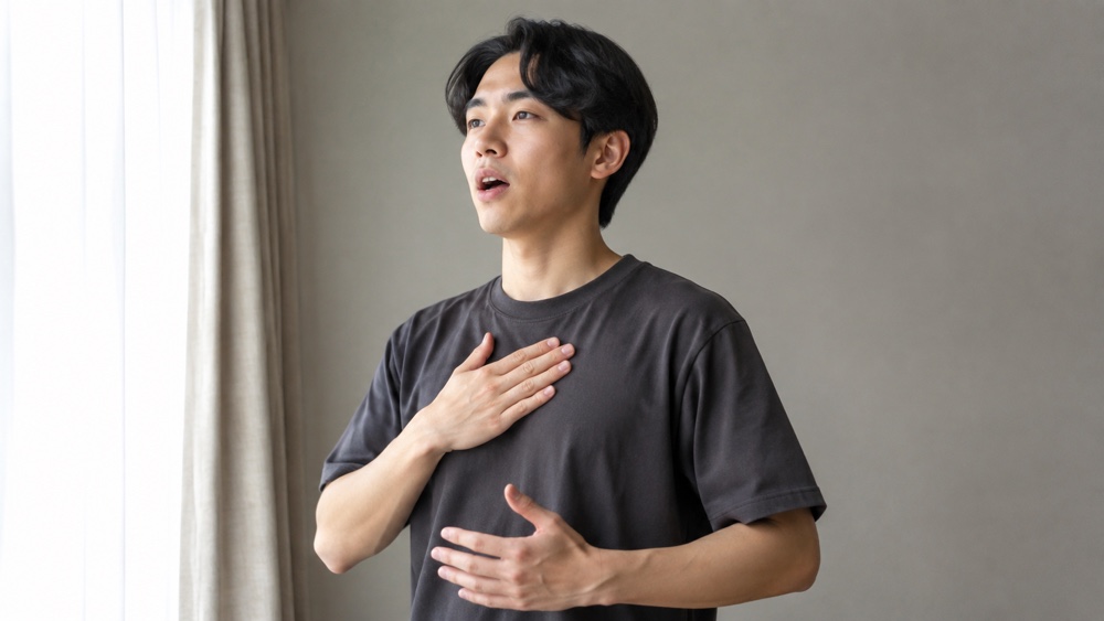 低めの声域で無理なく発声練習をする男性