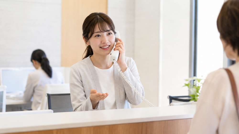 受付で電話応対をしながら接客する女性