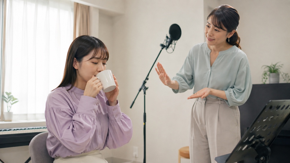 発声練習を止めて温かい飲み物で喉を休ませる女性