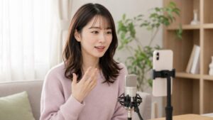 自宅でスマホに声を録音しながら発声練習をする女性