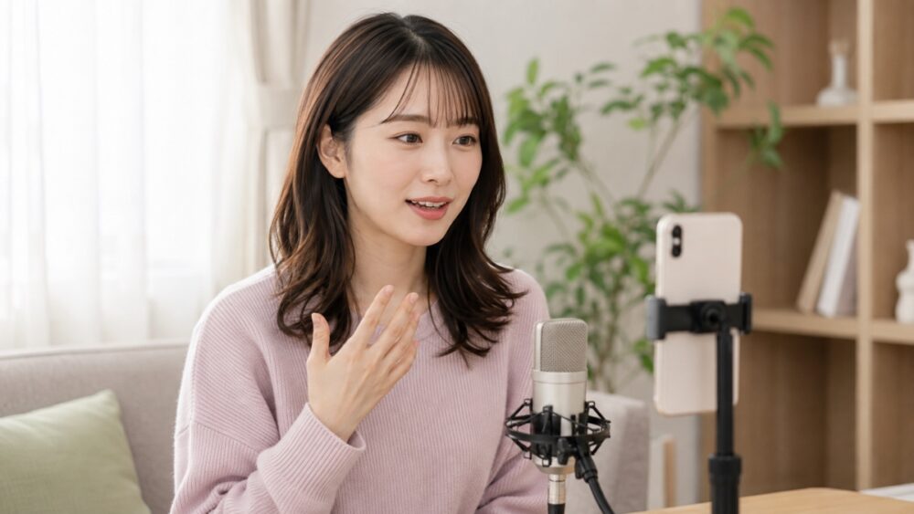 自宅でスマホに声を録音しながら発声練習をする女性