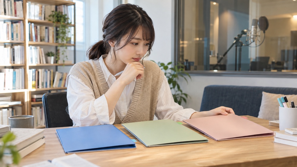 声優事務所のオーディション資料を比較する声優志望者