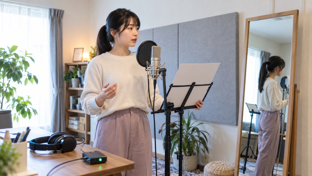 応募前にマイク練習と録音を行う声優志望者
