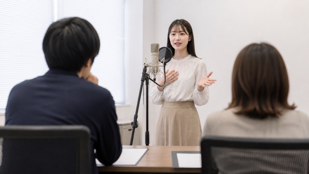 複数の審査担当者の前で自己PRをする声優オーディション受験者