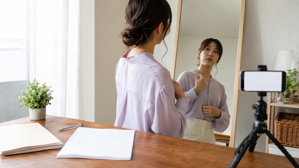 書類とスマートフォンと鏡を使って自己PRを準備する女性