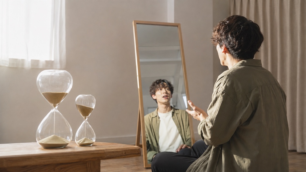 二つの砂時計を使って自己PRの長さを練習する男性