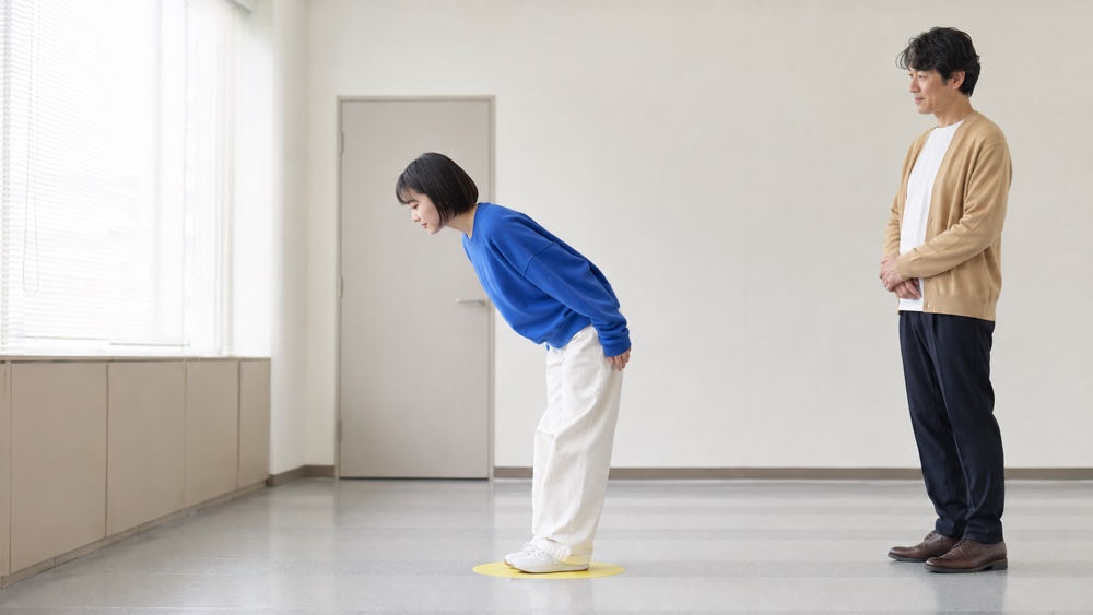 声優養成所オーディションに向けてお辞儀を練習する志望者