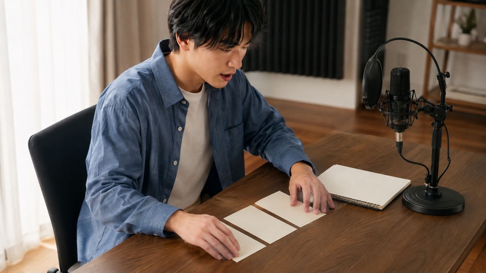 自己PRの構成を3枚のカードで整理する声優志望者