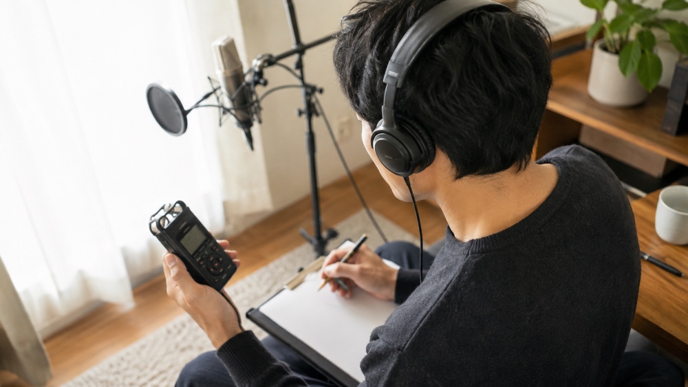 録音した自己PRを聞き返して改善点を確認する声優志望者