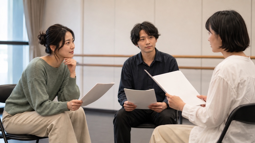 台本読みで相手の話を聞き協力する声優志望者たち