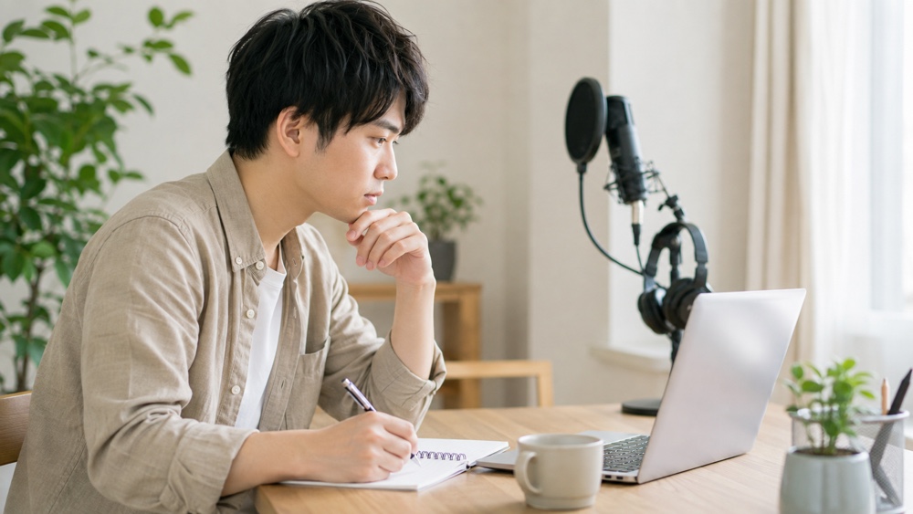 口コミや評判を調べながらノートを取る声優志望者のイメージ