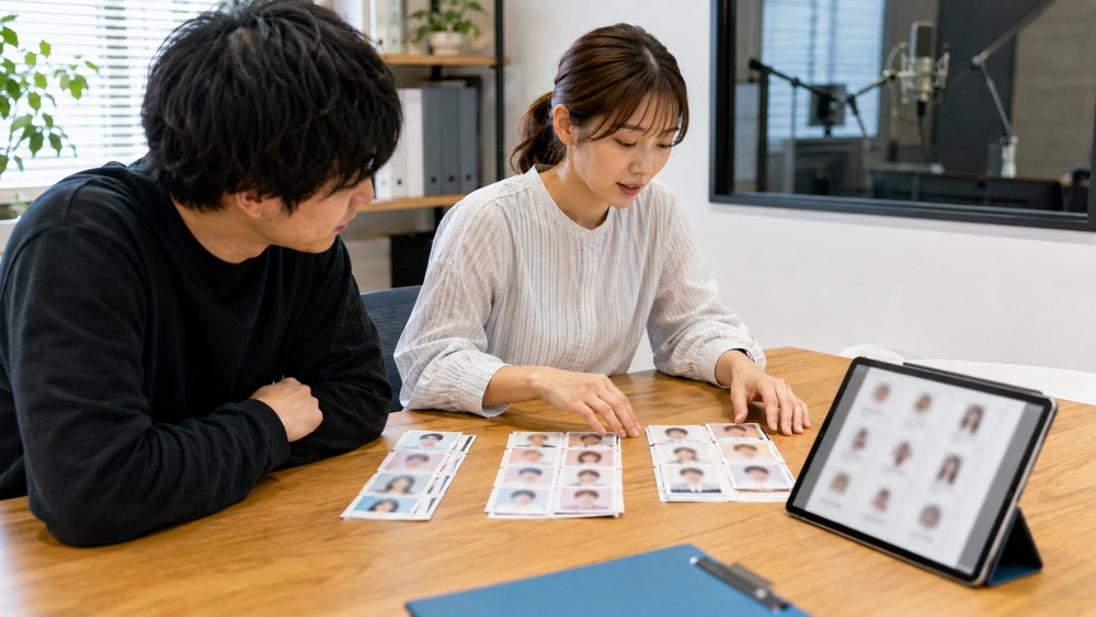 芸能事務所のスタッフが所属者のプロフィール資料を整理する一般的なイメージ