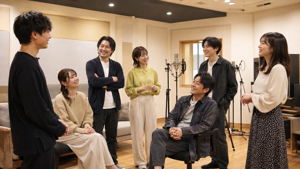収録スタジオに集まる幅広い年代の声優たちのイメージ