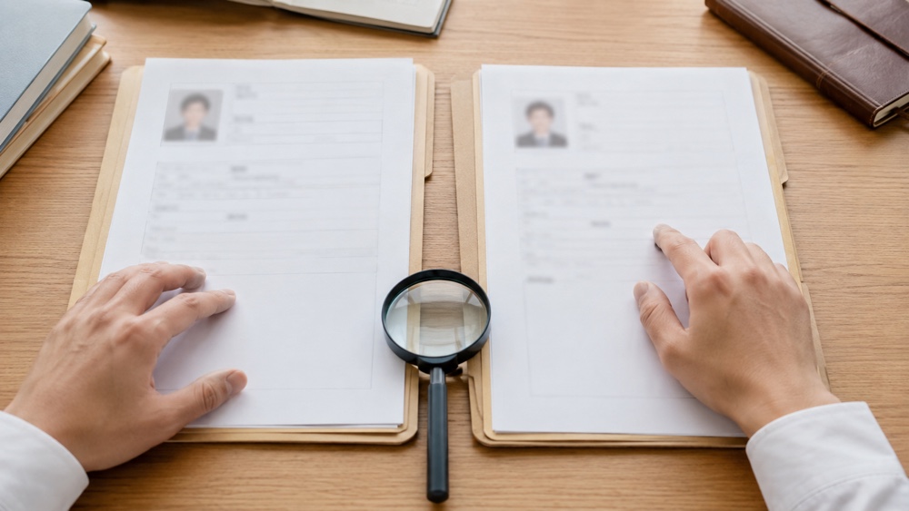 同じ名字表記の二つのプロフィールを照合するイメージ