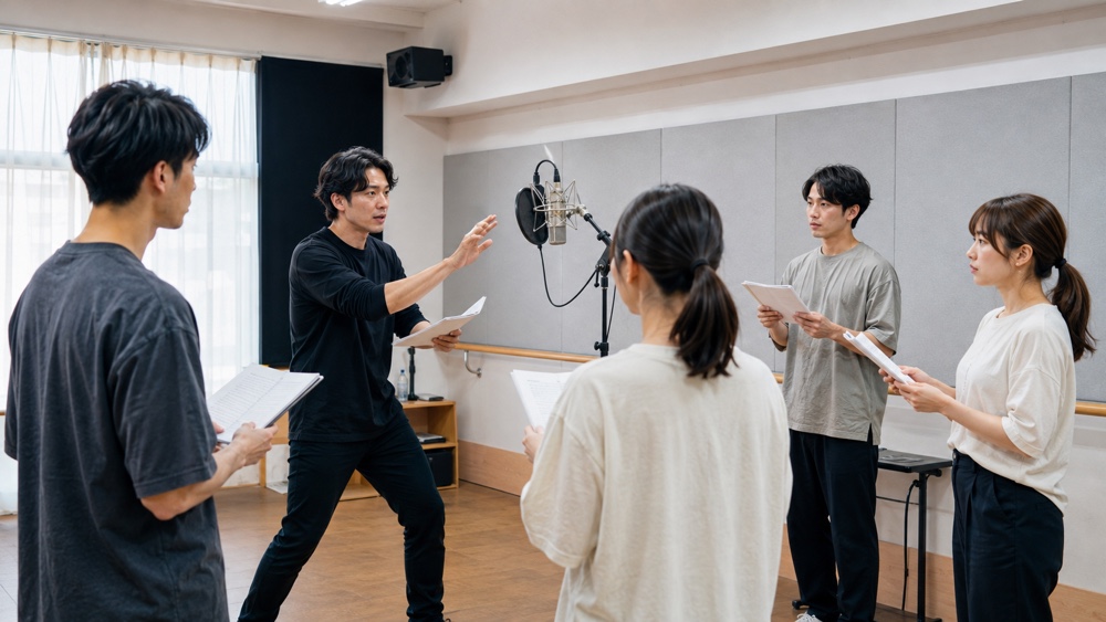 グループレッスンで講師から演技指導を受ける受講生のイメージ