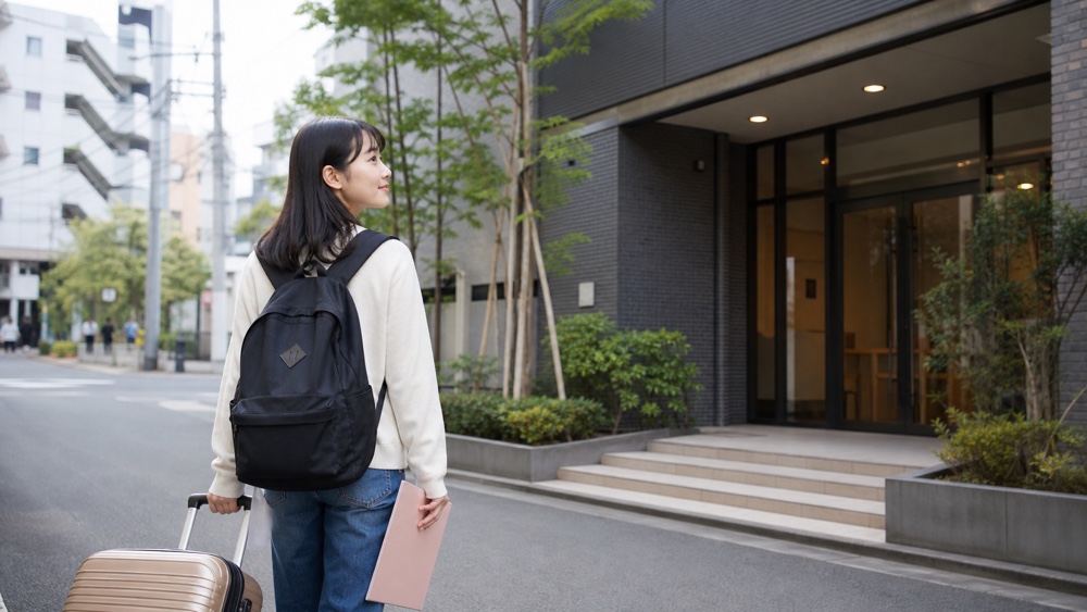 地方から東京へ移動し荷物を持って滞在先へ向かう受講希望者のイメージ