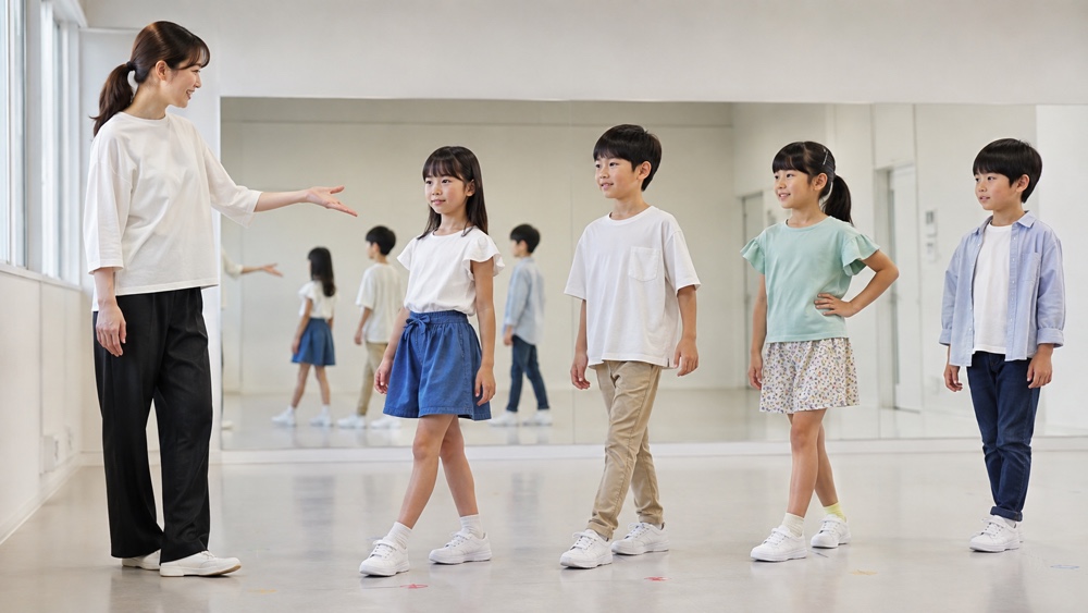 子どもたちが講師と姿勢や歩き方を練習する一般的な演技モデルレッスン