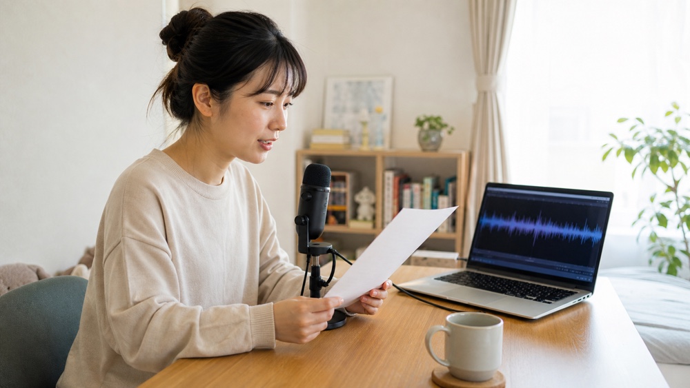 自宅の机でマイクに向かって原稿を読む在宅ナレーター