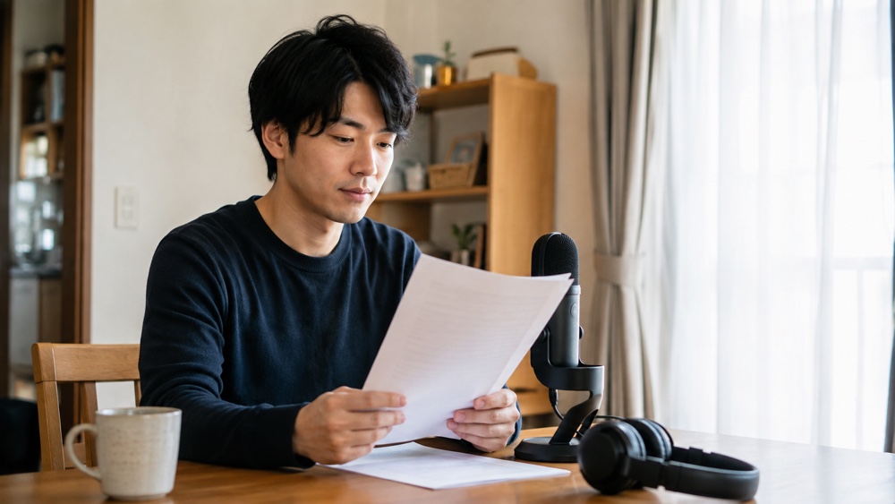自宅で台本を確認し収録前の準備をする在宅ナレーター