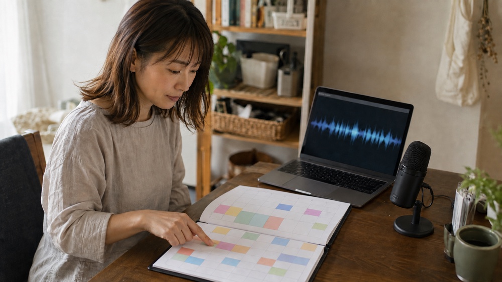 予定表を見ながら在宅ナレーションの収録予定を組む様子