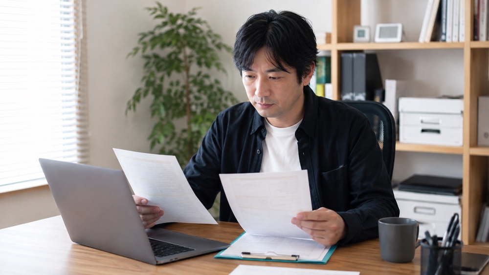 制作会社のデスクで在宅ナレーション案件の発注書と見積を確認する担当者