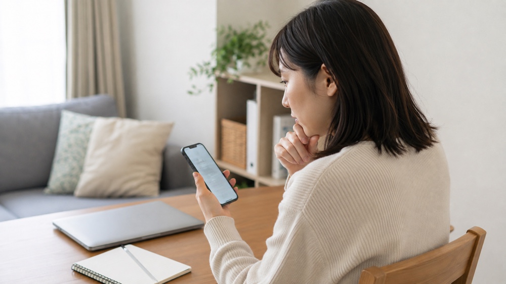 自宅でスマートフォンの在宅ナレーター募集文面を慎重に確認する女性