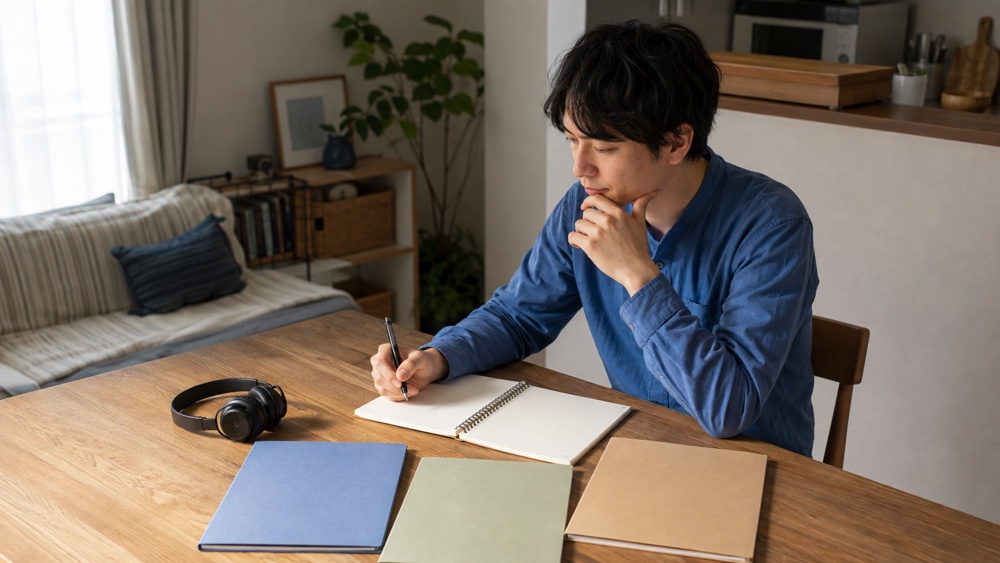 自宅で在宅ナレーションと養成所と専門学校の3つの進路を比較する男性