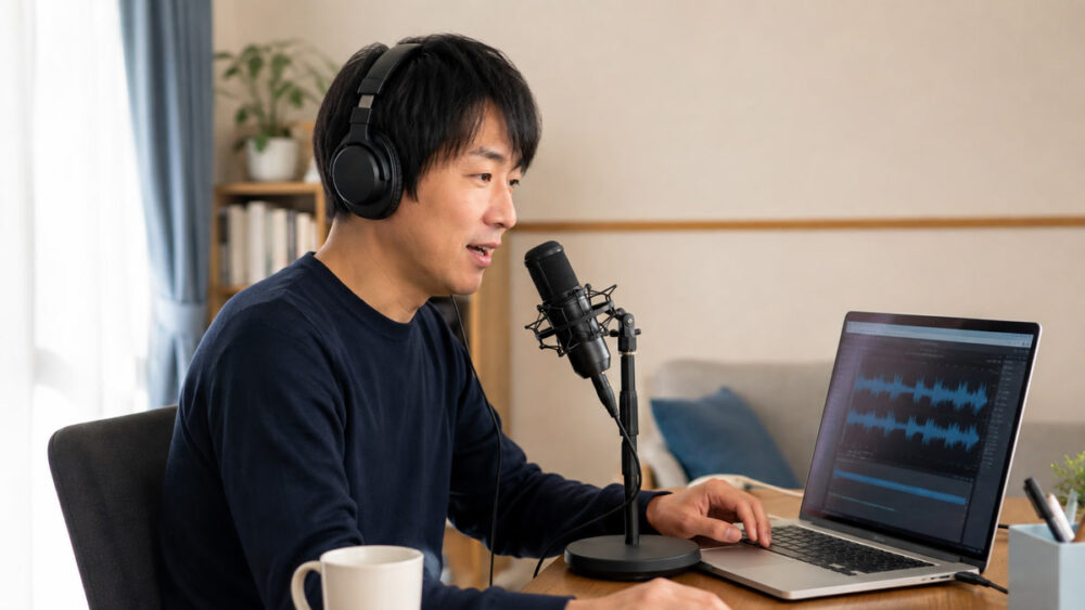 自宅の机でマイクに向かいナレーションを収録する在宅ナレーター
