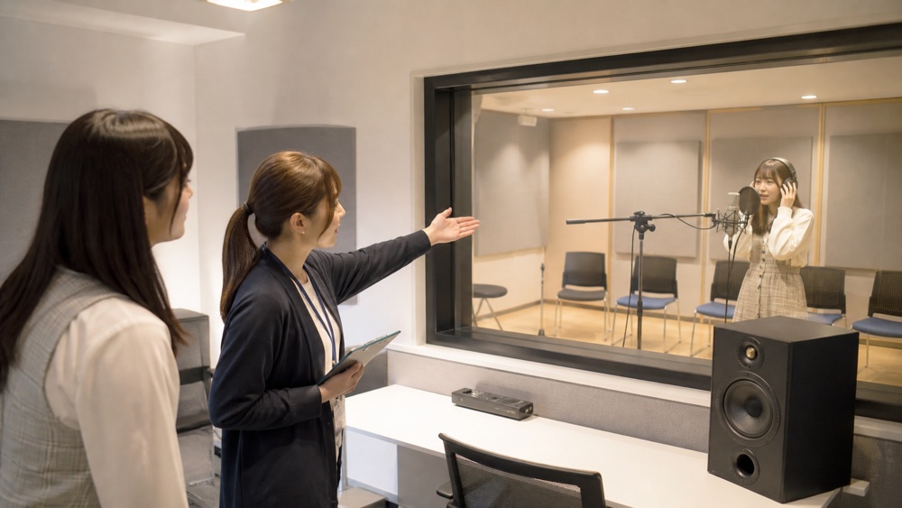 見学時に録音設備とレッスン環境を確認する一般的なイメージ