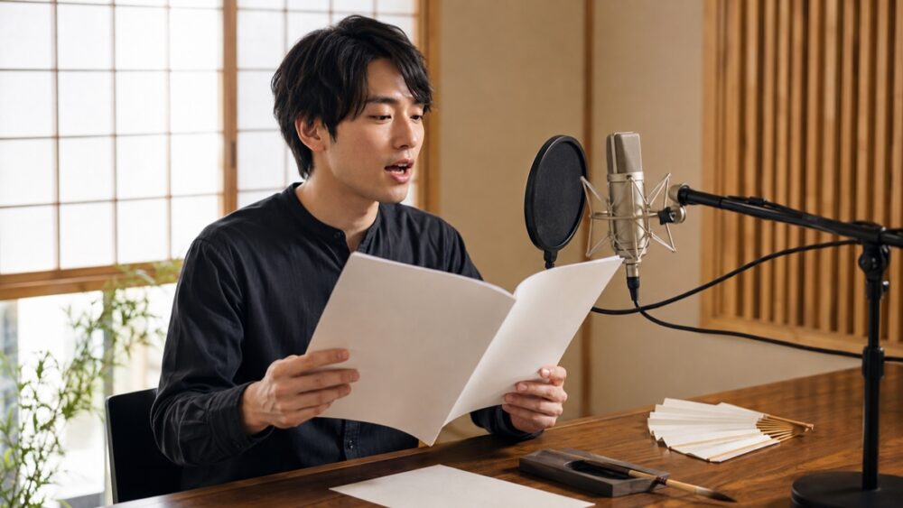 外郎売の台本を読みながらマイク前で発声練習する声優・アナウンサー