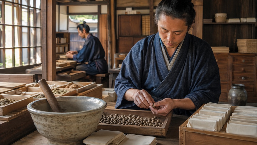 江戸時代の薬舗で丸薬を作る職人