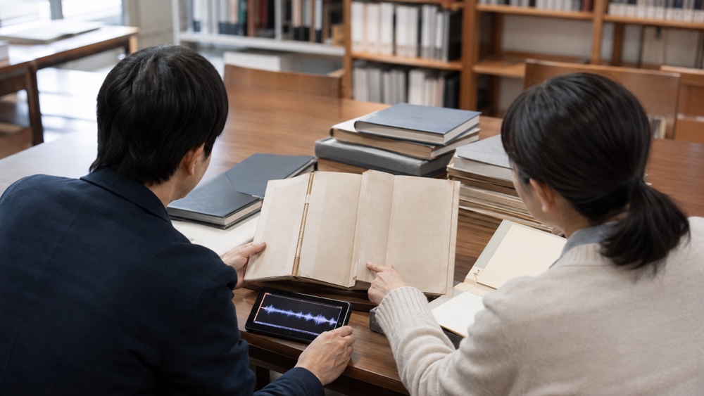 書物と研究資料を広げて外郎売を検討する二人