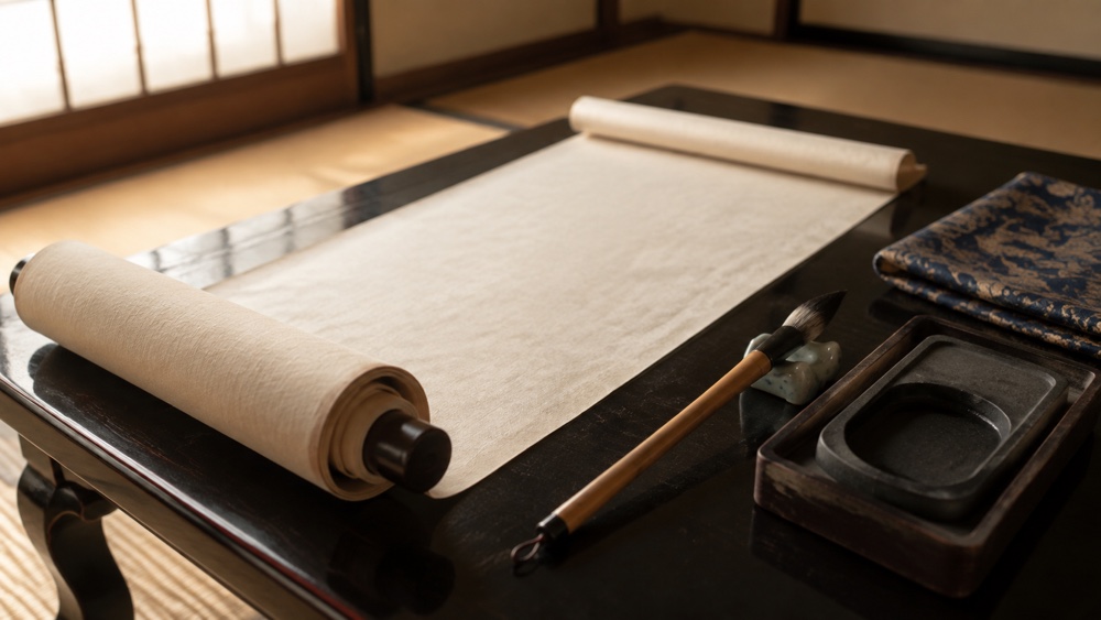 和紙の巻物と毛筆と硯を置いた伝統的な書き物机