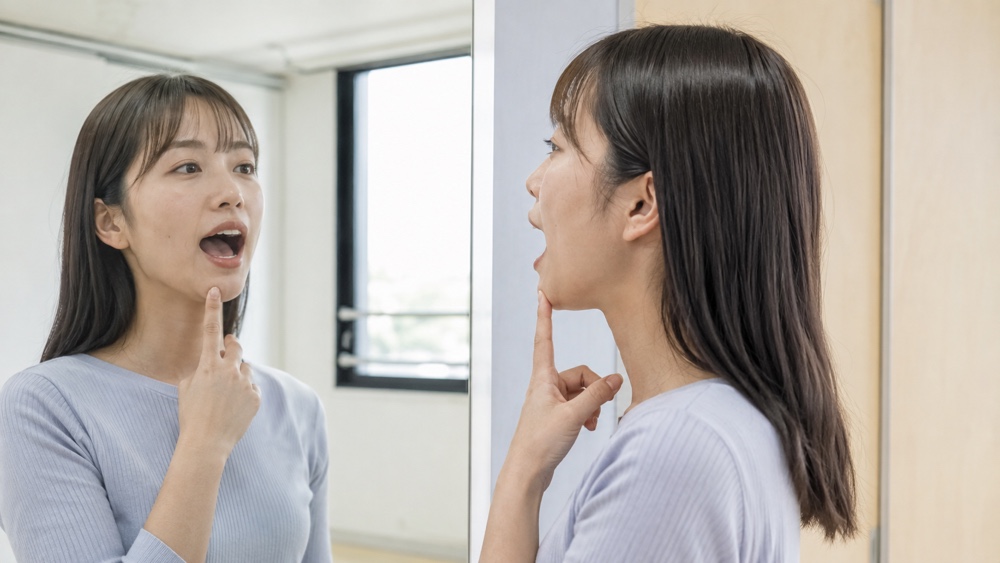 鏡で口の形を確認しながら発声練習する女性