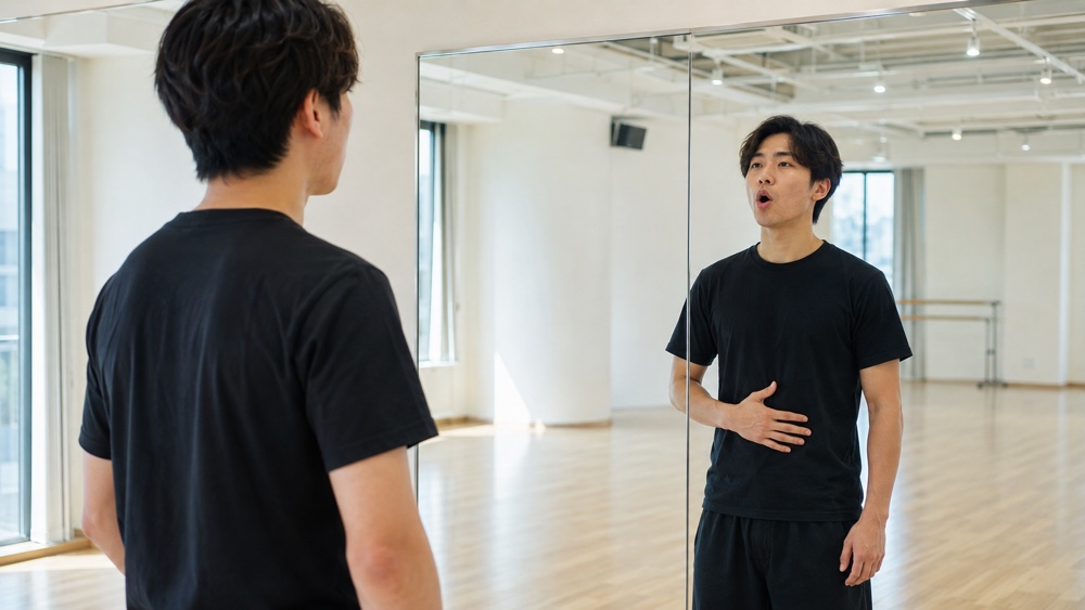 鏡の前で呼吸と発声を確認する男性