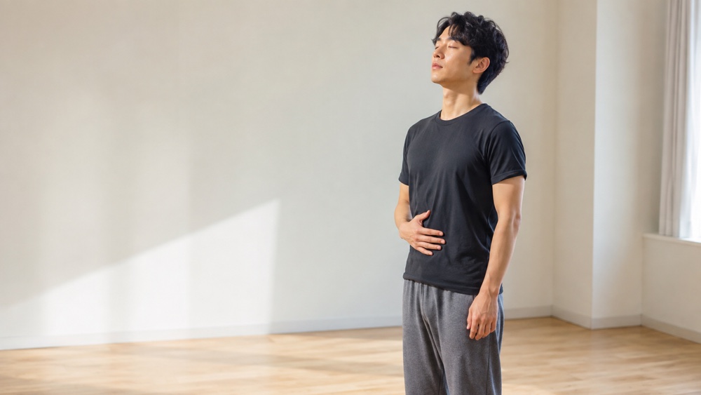 お腹に手を当てて腹式呼吸を練習する男性